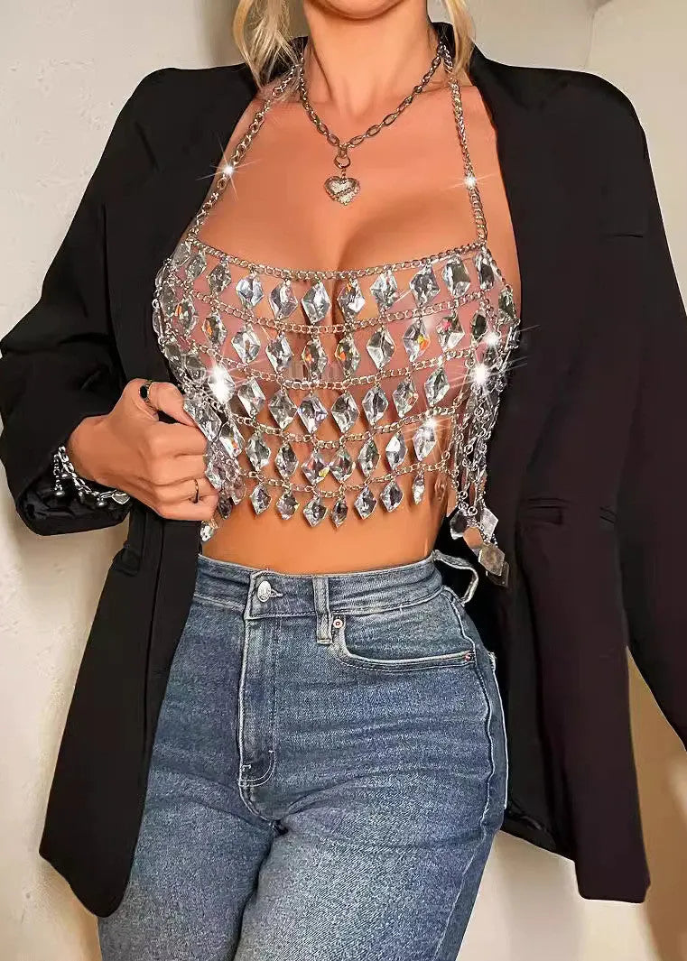 Handmade Hollow Gemstone Hanging Neck and Backless Tops Summer