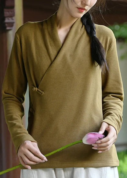 Beige V Neck Oriental Button Cotton Shirt Tops Spring
