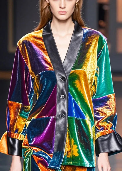 Multicolou V Neck Patchwork Silk Velour Coats Fall