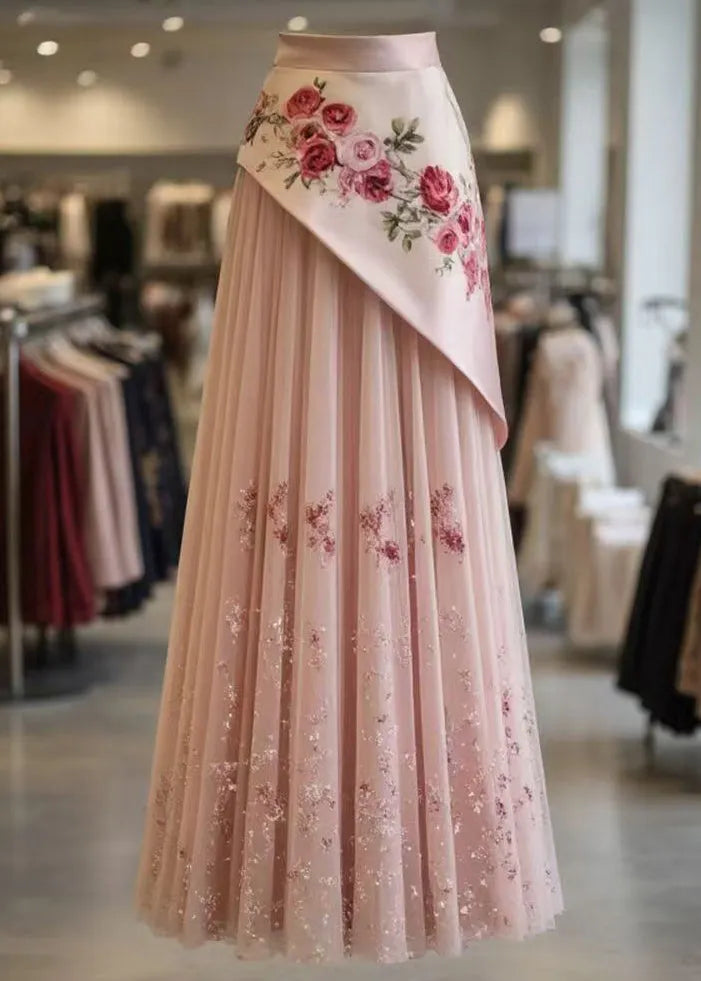 Pink Print Wrinkled Tulle Patchwork Skirt Summer
