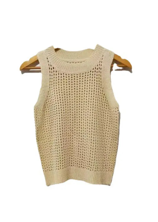 Style Beige O Neck Hollow Out Ice Silk Knit Tops Sleeveless