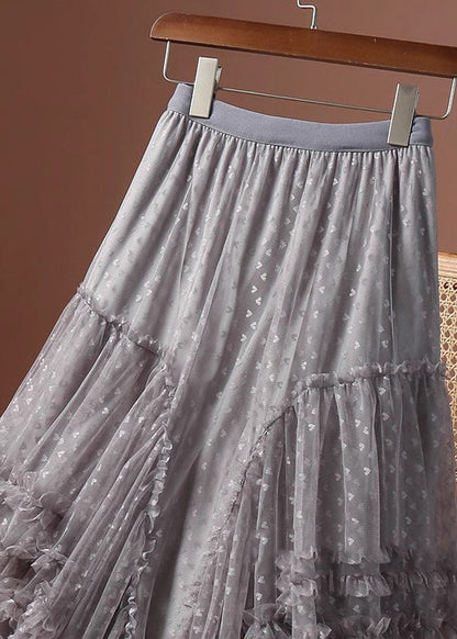 Jacquard Khaki Ruffled Patchwork Love Tulle Maxi Skirts