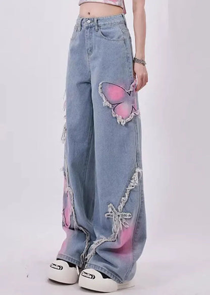 Blue Butterfly Patch Tassel Denim Straight Pants Spring
