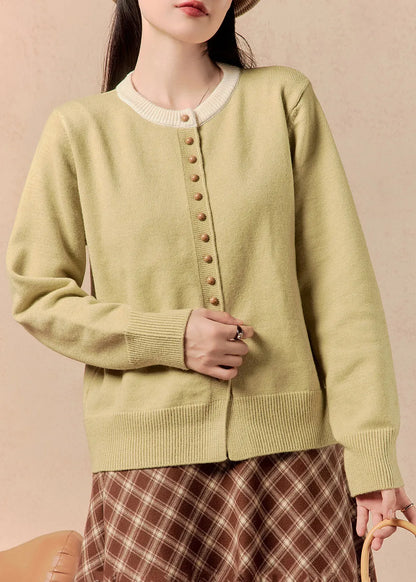 Yellow O Neck Button Knit Coats Winter