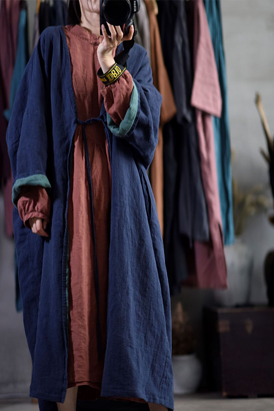 -fall Retro Cotton Linen Robe Blue Coat