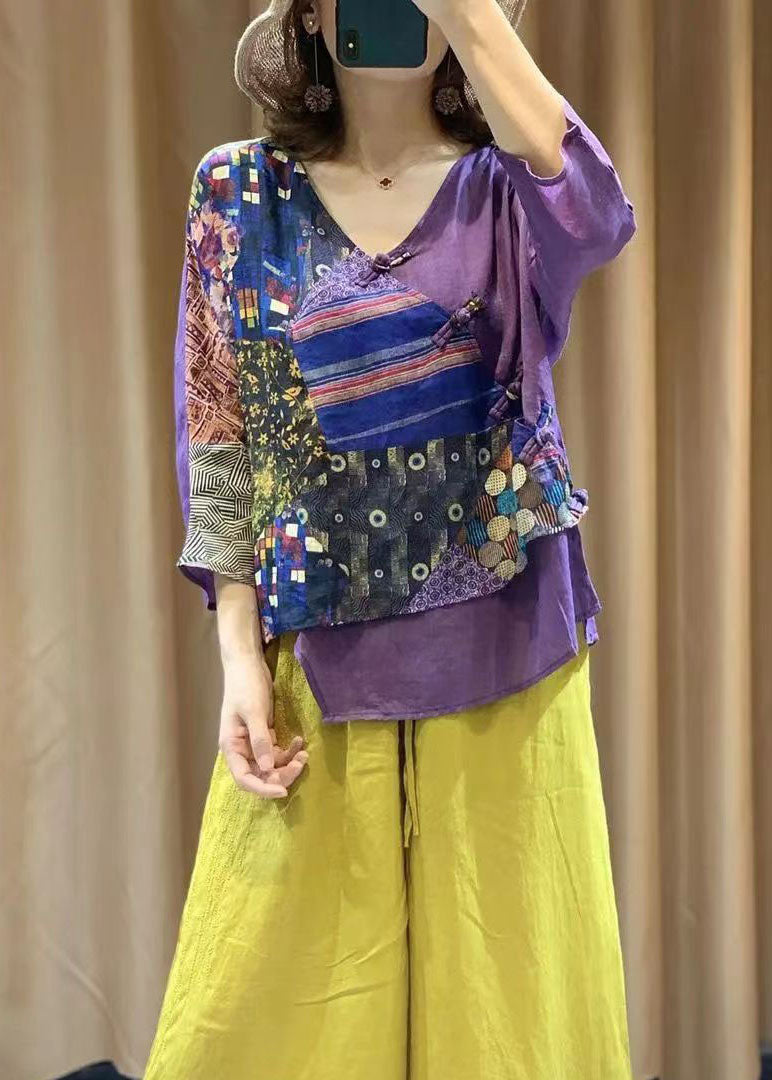 Purple Chinese Button Print Patchwork Cotton Shirt Tops Summer