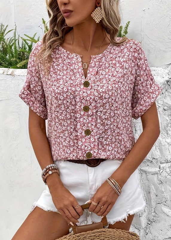Pink V Neck Print T Shirts Summer