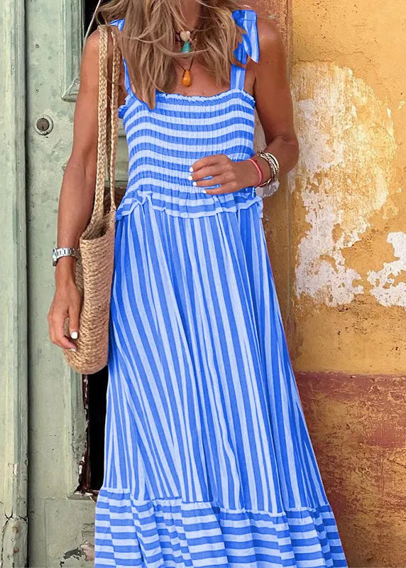 Stylish Pink Striped Ruffled Cotton Spaghetti Strap Dress Summer