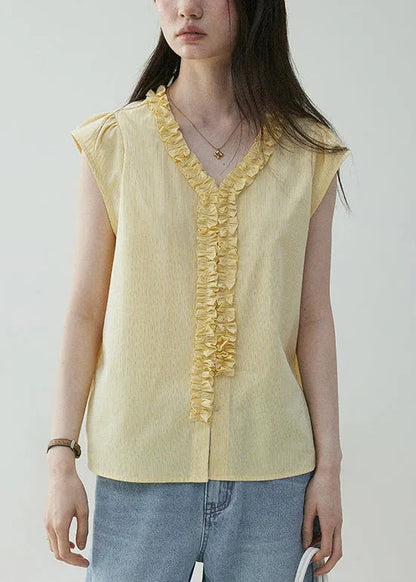 Yellow V Neck Ruffled Cotton Shirt Summer