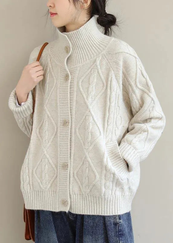 Cozy Beige Sweaters Stand Collar Pockets Spring Knit Sweat Tops