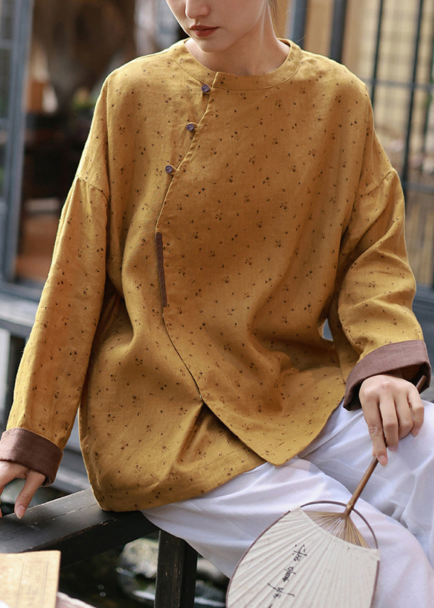 Retro Yellow O-neck Print Loose Linen Shirts Spring