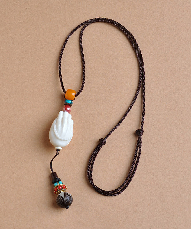 White Cotton 45% Linen 55% Beeswax Coloured Glaze Lotus Pendant Necklace