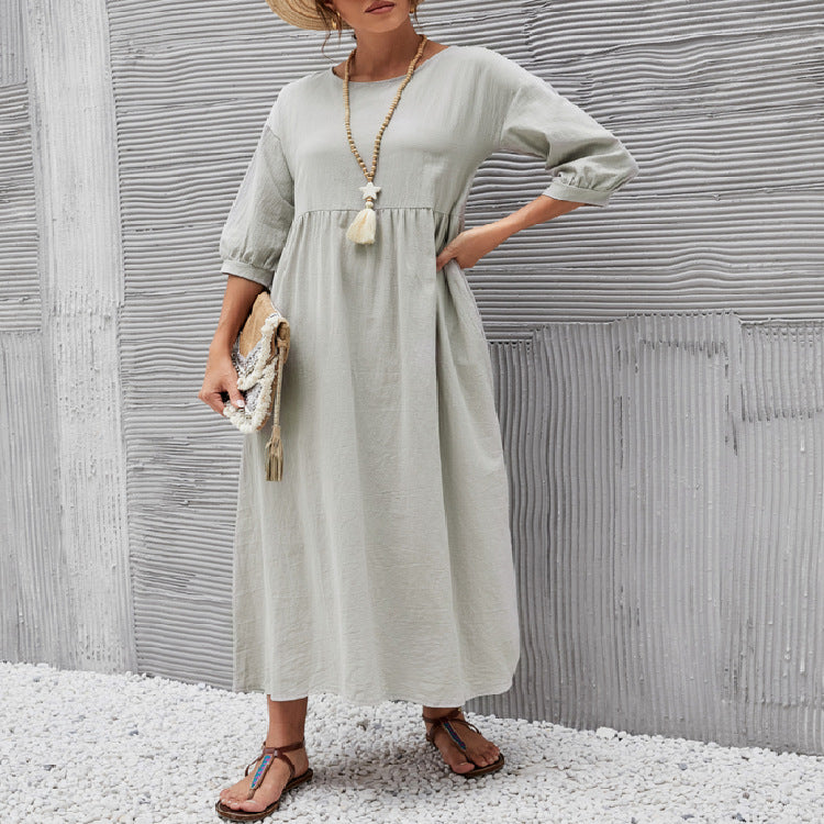 Spring Outfit Lantern Sleeve Loose Cotton and Linen Pocket Dress