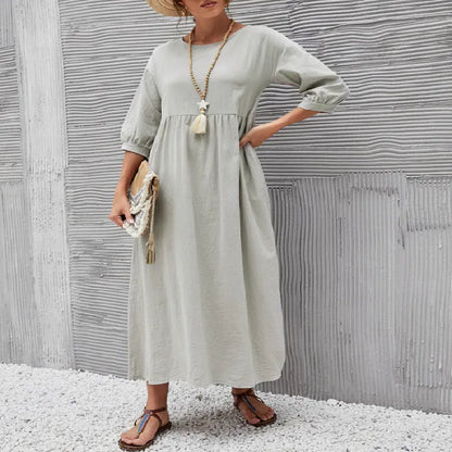 Spring Outfit Lantern Sleeve Loose Cotton and Linen Pocket Dress