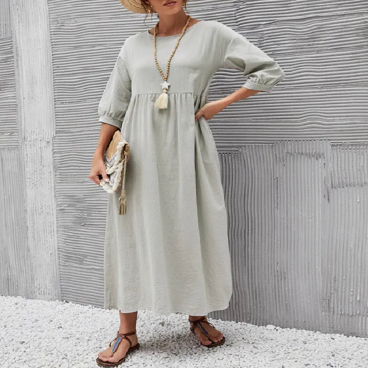 Spring Outfit Lantern Sleeve Loose Cotton and Linen Pocket Dress