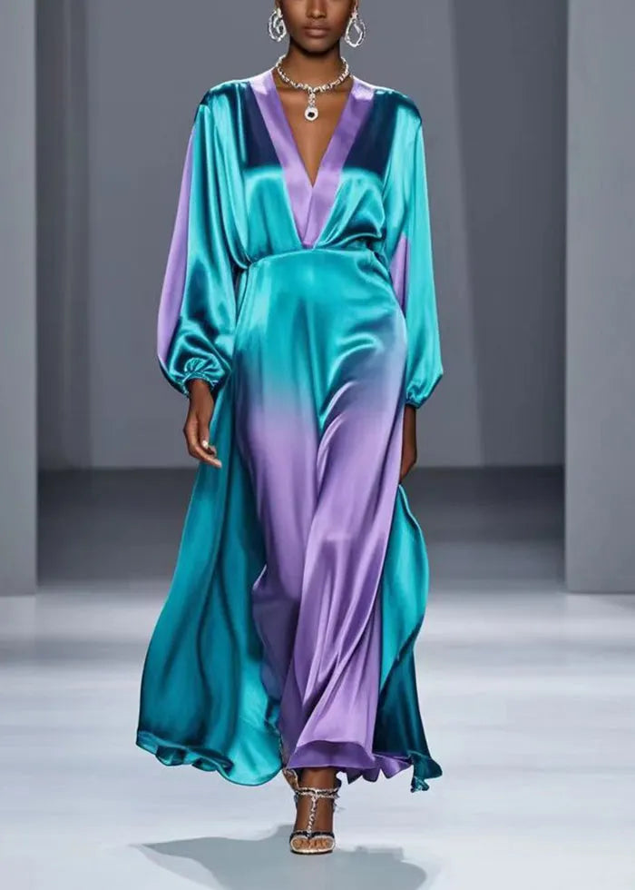 Green V Neck Tie Dye Silk Long Dress Fall