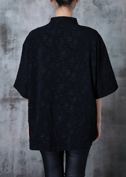 Black Jacquard Loose Silk Shirt Top Chinese Button Summer