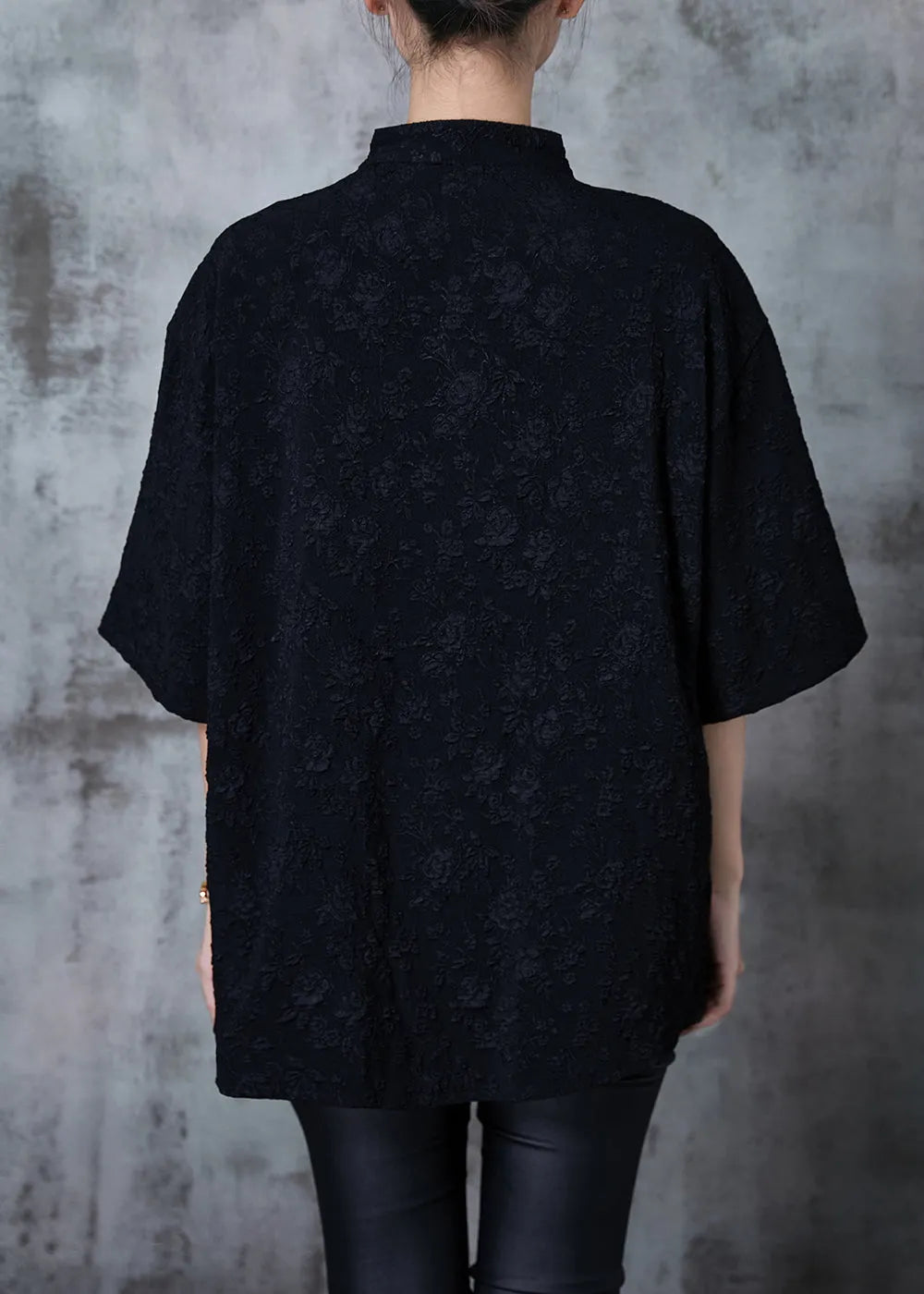 Black Jacquard Loose Silk Shirt Top Chinese Button Summer