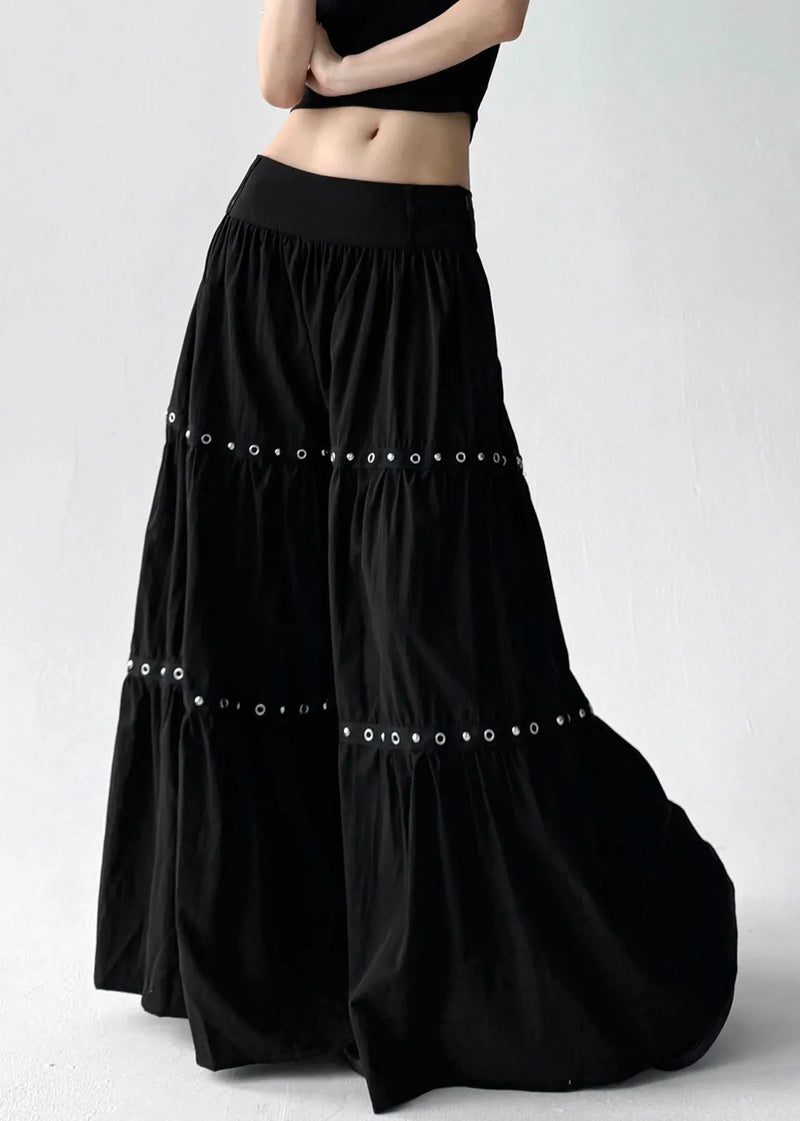 Black Wrinkled Patchwork Elastic Waist Cotton a Line Skirts Summer
