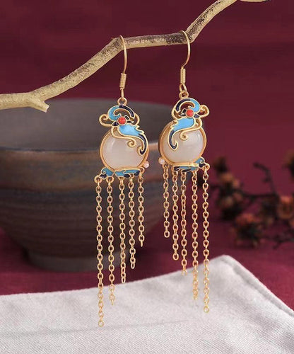 Yellow Jade Cloisonne Gem Stone Butterfly Tassel Drop Earrings