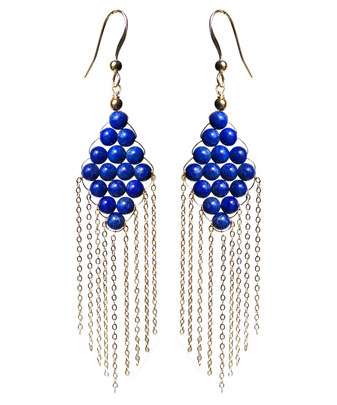 Blue 14k Gold Gem Stone Tassel Drop Earrings