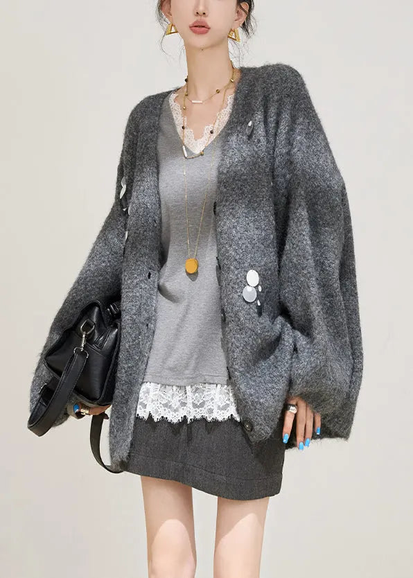 Grey Sequins Cotton Knit Cardigans Spring