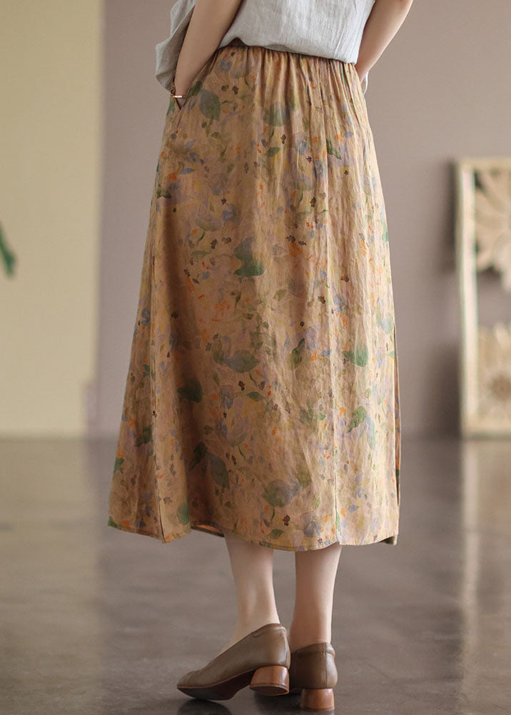 Khaki Elastic Waist Print Linen Skirt Spring