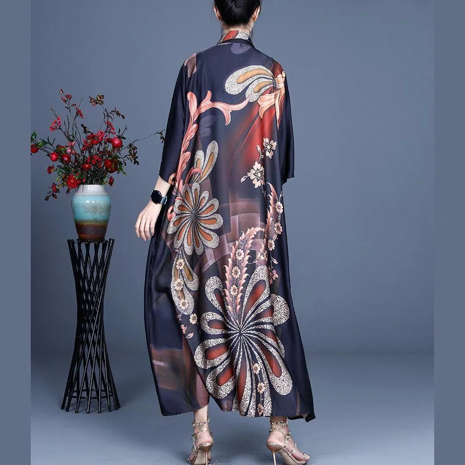 Black Print Button Silk Cardigan Long