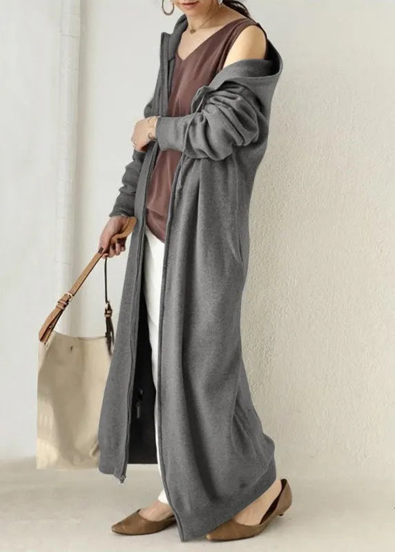Loose Grey Hooded Zippered Pockets Cotton Long Coats Spring