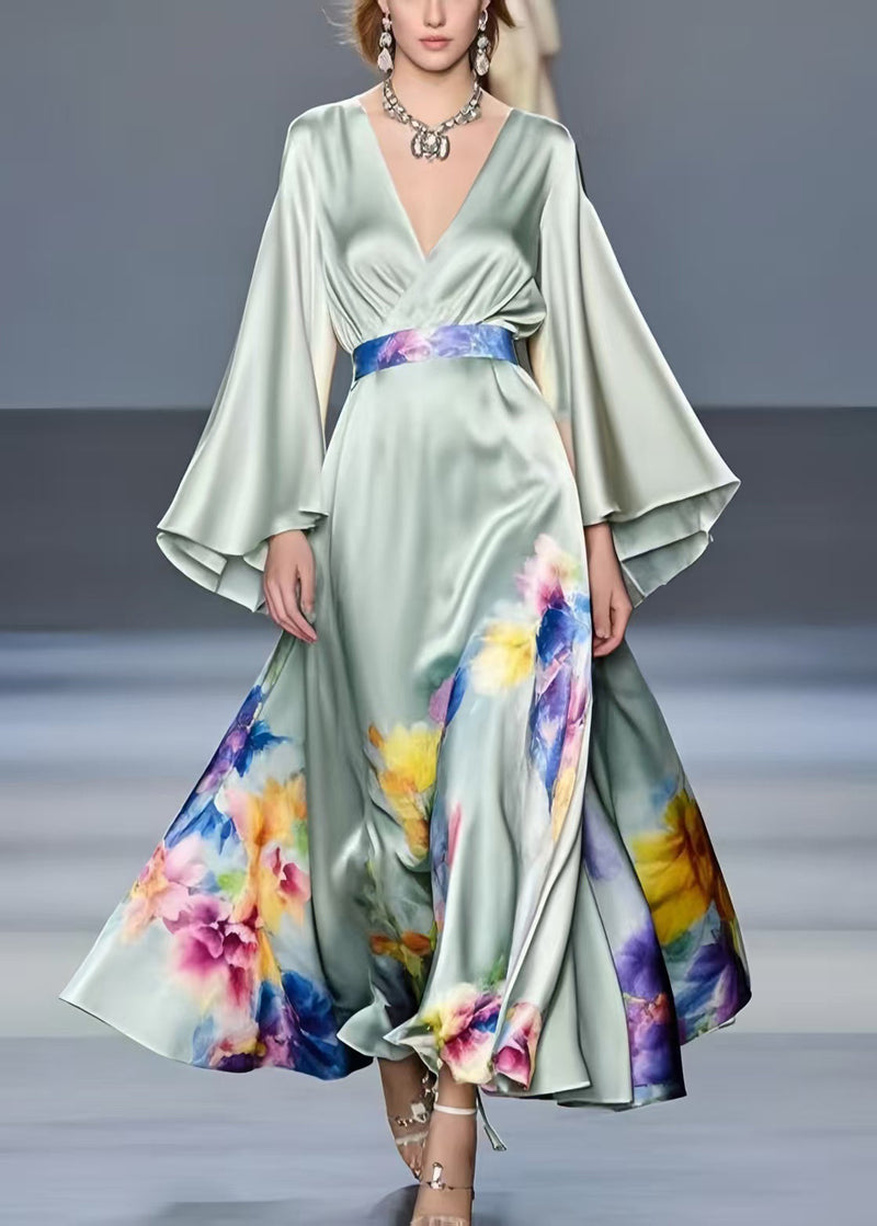 Art Light Green Exra Large Hem Silk Tunic Dress Flare Sleeve