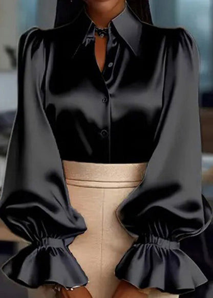 Apricot Peter Pan Collar Puff Sleeve Silk Shirts Top