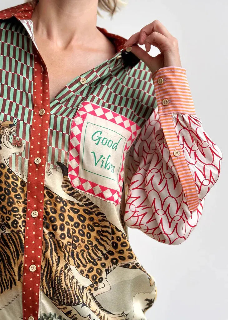 Animal Print Asymmetrical Button Cotton Shirts Long Sleeve