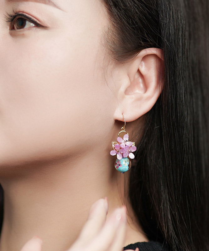 Retro Light Purple 24k Gold Coloured Glaze Synthetic Flower Drop Earrings