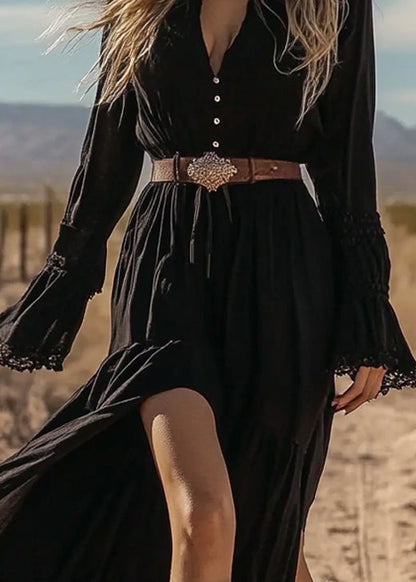 New Black V Neck Wrinkled Patchwork Cotton Long Dresses Fall