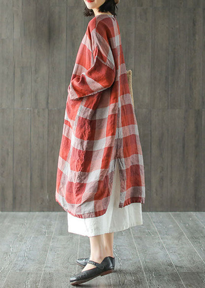 French Red O-neck Pockets Linen Fall Robe Dresses