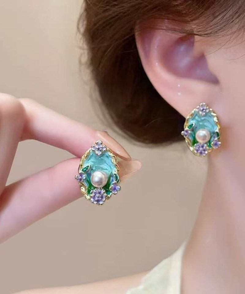 Art Blue Copper Pearl Dripping Glaze Stud Earrings