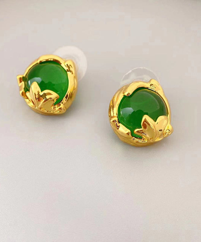 Art Green Copper Overgild 14k Gold Gem Stone Stud Earrings Df1025