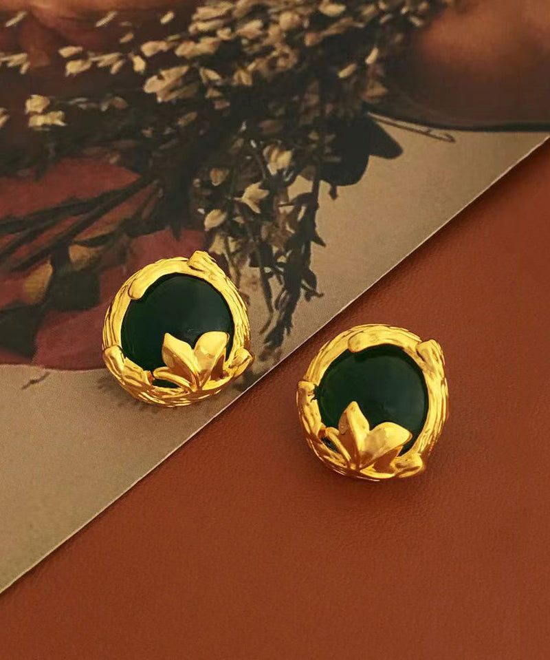 Art Green Copper Overgild 14k Gold Gem Stone Stud Earrings Df1025