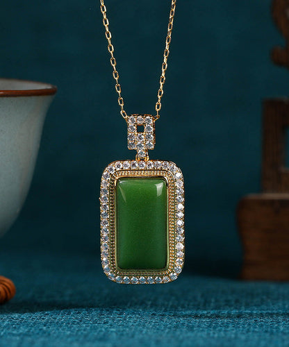 Art Green Copper Overgild Jade Zircon Pendant Necklace Kx1057