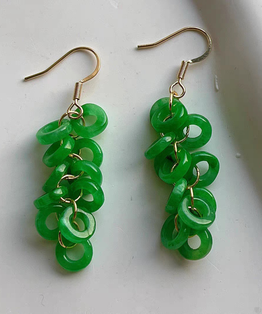 Art Green Sterling Silver Overgild Jade Tassel Drop Earrings Gh1061