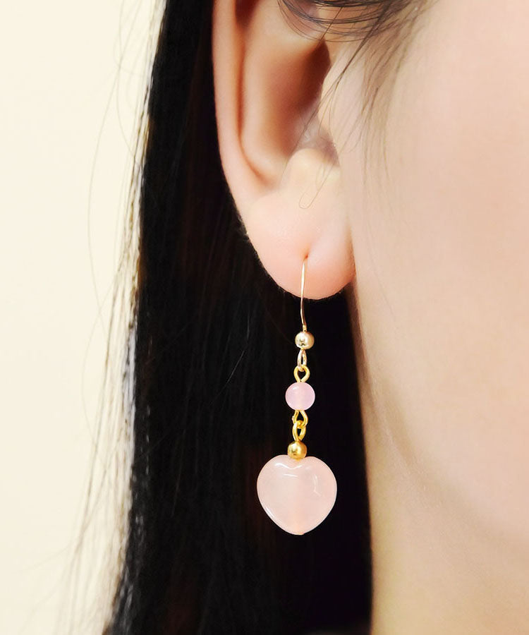 Art Pink 14k Gold Crystal Heart Shaped Drop Earrings