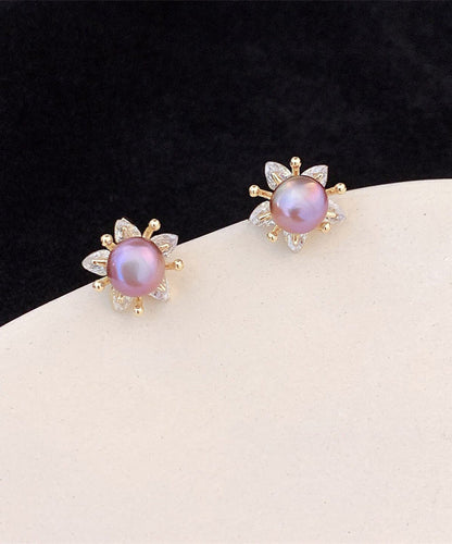 Art Purple Sterling Silver Overgild Pearl Stud Earrings