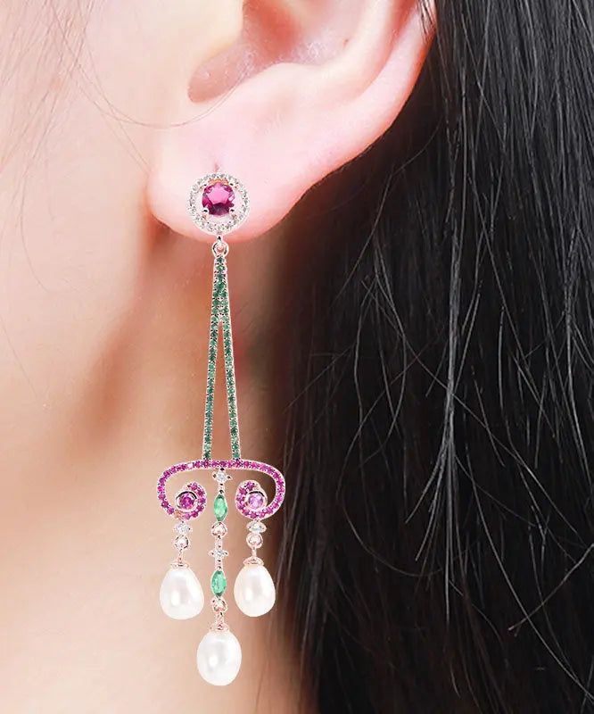 Sterling Silver Pearl Zircon Water Drop Tassel Drop Earrings
