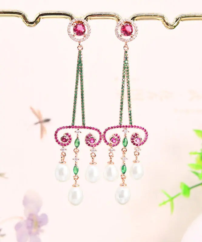 Sterling Silver Pearl Zircon Water Drop Tassel Drop Earrings