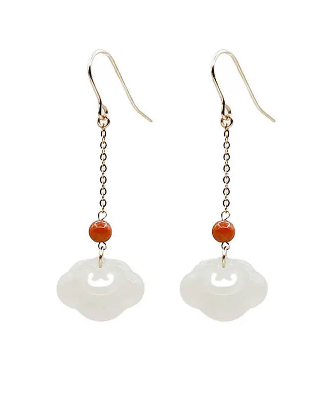 White 18k Gold Jade Ruyi Agate Drop Earrings