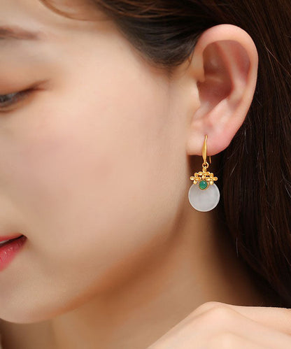 Art White Sterling Silver Overgild Inlaid Jade Drop Earrings