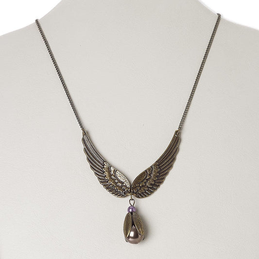Antiqued Brass Bird Wings and Pearl Necklace