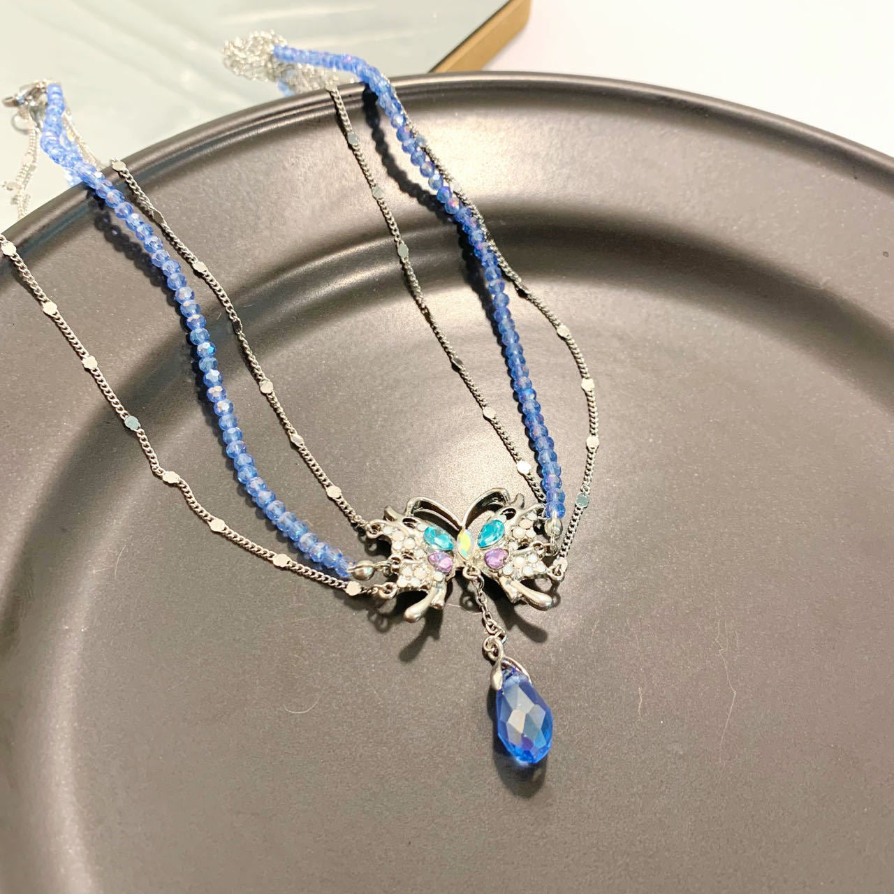 Baby Blue Copper Zircon Crystal Butterfly Water Drop Tassel Pendant Necklace