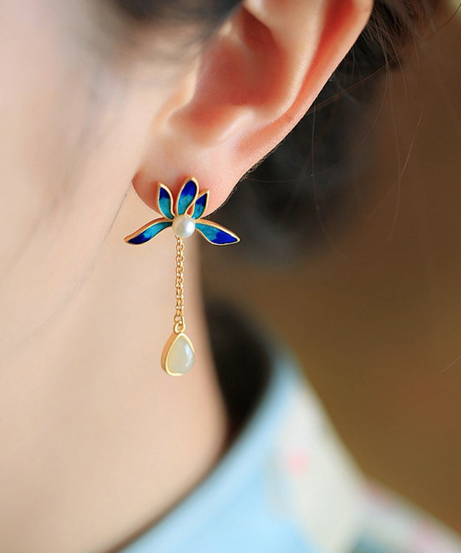 Blue Lotus Inlaid Jade Drop Earrings