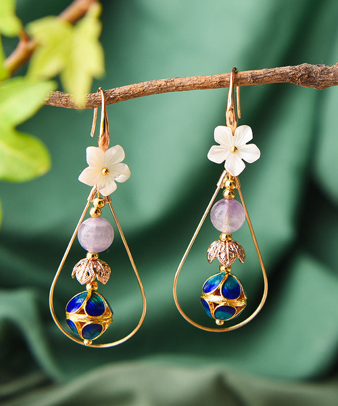 Colorblock Shellfish Flower 14k Gold Drop Earrings